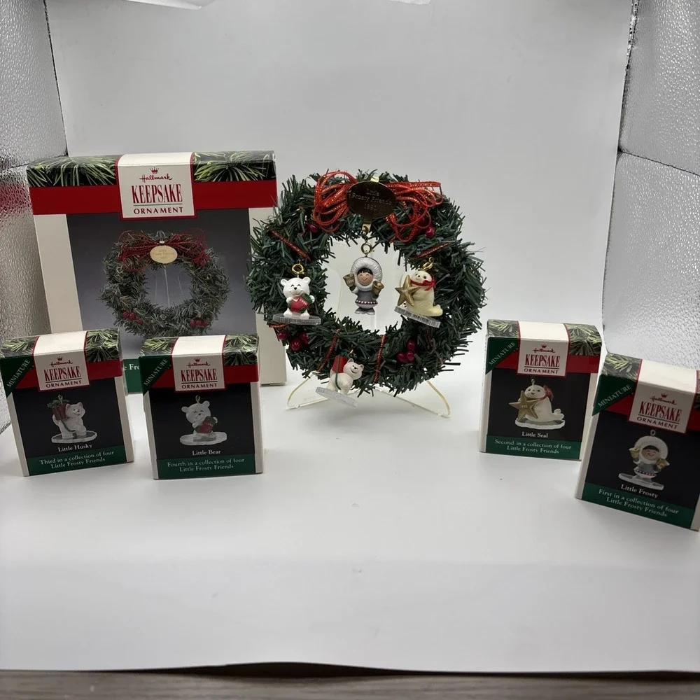 1990 Little Frosty Friends Memory Wreath Hallmark Keepsake Ornaments Set 5 Piece